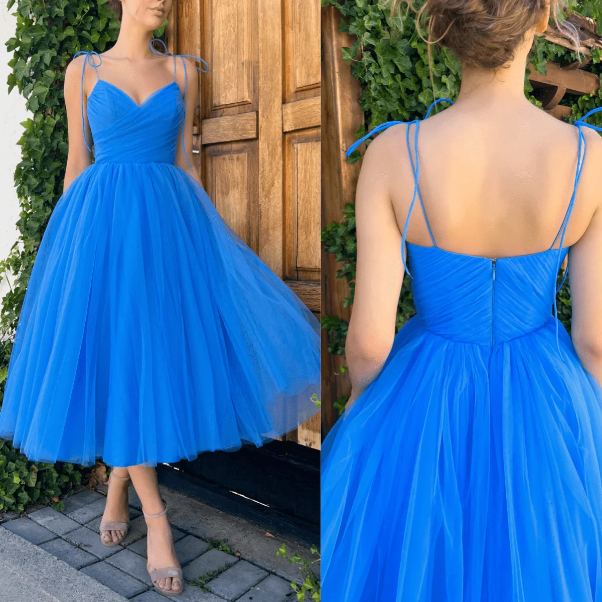 14787 #IENA Royal Blue Простые Тюлевые Платья Миди Для выпускного Вечера На Тонких бретельках, Свадебные Платья Трапециевидной формы Чайной Длины, Короткое Вечернее Платье