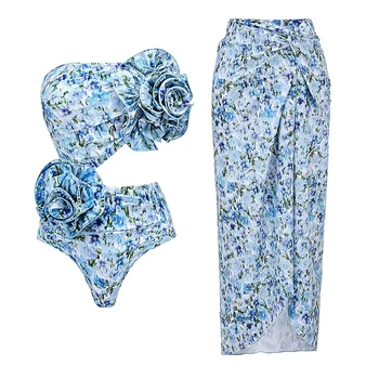 2024 Новый синий купальник Женский топ с 3D цветочным декором, Полый купальник с цветочным рисунком, бикини для пляжного отдыха, Летняя пляжная одежда
