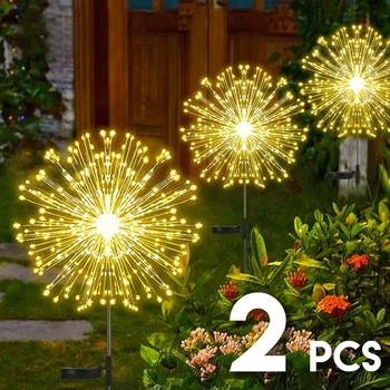 2шт светодиодных солнечных фейерверков Водонепроницаемые уличные гирлянды из одуванчиков для декора сада, газона
