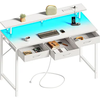47-дюймовые компьютерные столы с 3 выдвижными ящиками, офисный игровой стол со светодиодной подсветкой и розетками, работа на дому, белый