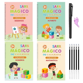 4шт Волшебная ручка для тетрадей для занятий каллиграфией для детей дошкольного возраста, португальский, без стирания, для детей многоразового использования