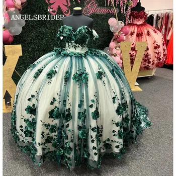 ANGELSBRIDEP 3D цветы Темно-зеленое бальное платье Пышные платья с аппликацией из бисера для девочек 15 лет Праздничное платье Vestidos De 15 Años