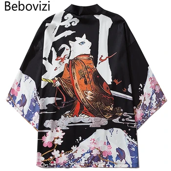 Bebovizi 2020 Кимоно с котом в японском стиле, уличная одежда Harajuku, мужской Женский кардиган, свободный халат Юката, традиционная одежда