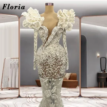 Floria Элегантная Русалка, Длинные платья знаменитостей, вечерние платья с длинным шлейфом для свадебной вечеринки, вечернее платье с жемчугом и кружевом от Dubai Couture