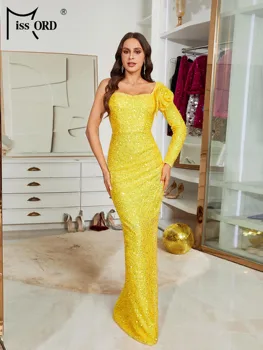 Missord 2023 Желтое платье для выпускного вечера с блестками, Женское Элегантное платье с аппликацией One Shulder С длинным рукавом, Облегающие Вечерние платья для вечеринок, Вечернее платье