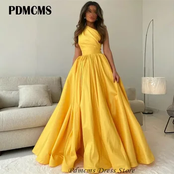 PDMCMS Классические Длинные Вечерние платья из желтой тафты Трапециевидного силуэта, плиссированное платье для выпускного вечера Длиной до пола, без рукавов на одно плечо, вечерние платья