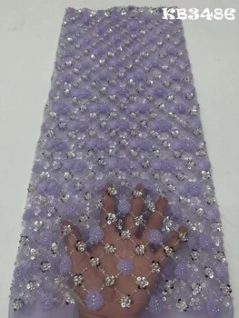 Африканская кружевная ткань с блестками 2023 Фиолетового цвета, Высококачественная Ручная работа, расшитая бисером, Нигерийский Тюль, Кружевная Французская сетка Для Свадебного платья KB3486