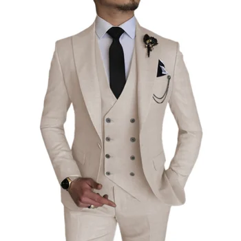 Бежевые мужские костюмы Lansboter, 3 предмета, приталенный формальный пиджак с отворотом, свадебный деловой вечерний костюм, пиджак, жилет с брюками
