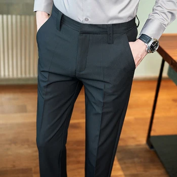 Деловой повседневный костюм в британском стиле, брюки для мужчин, одежда 2023, официальная одежда, облегающие офисные брюки из драпа полной длины, L38