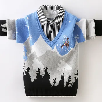 Детские свитера, утепленные пуловеры для мальчиков, одежда с отложным воротником, детская нижняя рубашка, подростковая хлопковая флисовая подкладка, Рождество