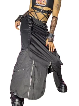 Женская весенне-осенняя длинная юбка трапециевидной формы серого цвета с высокой талией и двойной застежкой-молнией по низу, расклешенная юбка