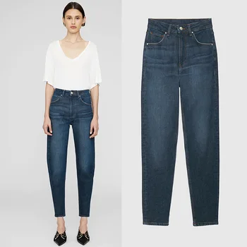 Женские джинсы, осенние новые эластичные повседневные брюки с высокой талией в девять четвертей, Универсальные модные джинсовые брюки с прямыми штанинами
