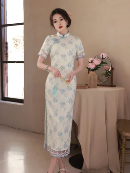 Женские костюмы Современный воротник-стойка Qipao Улучшенная мода Cheongsam Синий Цветочный принт Винтажное платье с коротким рукавом