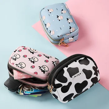 Женский кошелек с милым рисунком коровы, студенческий кошелек, двойной карман, сумка для ключей на молнии, портативная сумка для хранения губной помады, банковских карт.