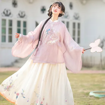 Женщины Hanfu оригинальный аутентичный халат с вышивкой в китайском стиле эпохи Мин, плиссированная юбка, древний костюм феи и элегантности