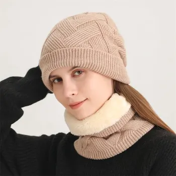 Зимняя толстая теплая шапка и шарф-кольцо для женщин, плюшевый полосатый пуловер, шапка-снуд, маска на все лицо, плюшевые шапочки, глушитель 2023