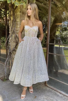 Короткое свадебное платье из тюля с блестками, без рукавов, трапециевидной формы, в стиле милой невесты, платье невесты чайной длины, Vestido De Novia
