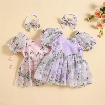 Летняя детская одежда, комбинезон для девочек, платье с вышивкой в виде листьев, комбинезоны с короткими рукавами и повязкой на голову для новорожденных