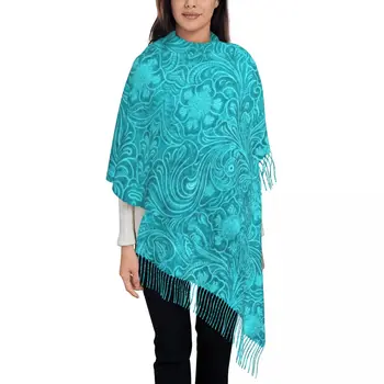 Модный шарф с текстурой бирюзовой кожи и кисточками, женская зимняя теплая шаль, женские шарфы с тисненым цветочным рисунком.