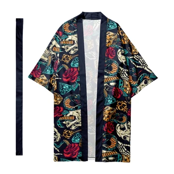 Мужское японское традиционное кимоно в полоску с рисунком черепа, кардиган, халаты Самураев, рубашка-кимоно, куртка Юката 2