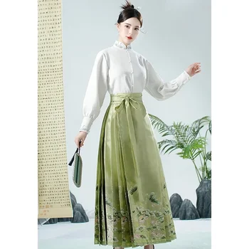 Рубашка с круглым вырезом, платье в китайском стиле, женская юбка Hanfu в новом китайском стиле, высококачественная зеленая юбка с цветочной вышивкой в виде лошадиной морды