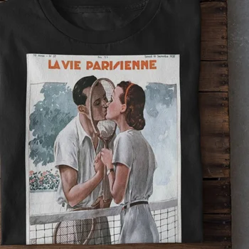 Футболка La Vie Parisienne, теннисная пара, влюбленные, целующиеся пары, Франция, плакат 1938 года, спортивный плеер