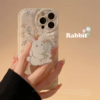Цветочный 3D держатель-подставка с кроликом Чехлы для телефонов для iPhone 14 13 12 11 Pro Max Кронштейн Бампер телефона 8 7 Plus XS Max XR X Чехол в цветочек