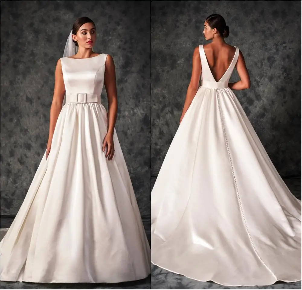 2020 Свадебные платья трапециевидной формы с поясом, вырезом лодочкой, без спинки, кружевные атласные свадебные платья, сшитые на заказ со стреловидным шлейфом, свадебное платье большого размера