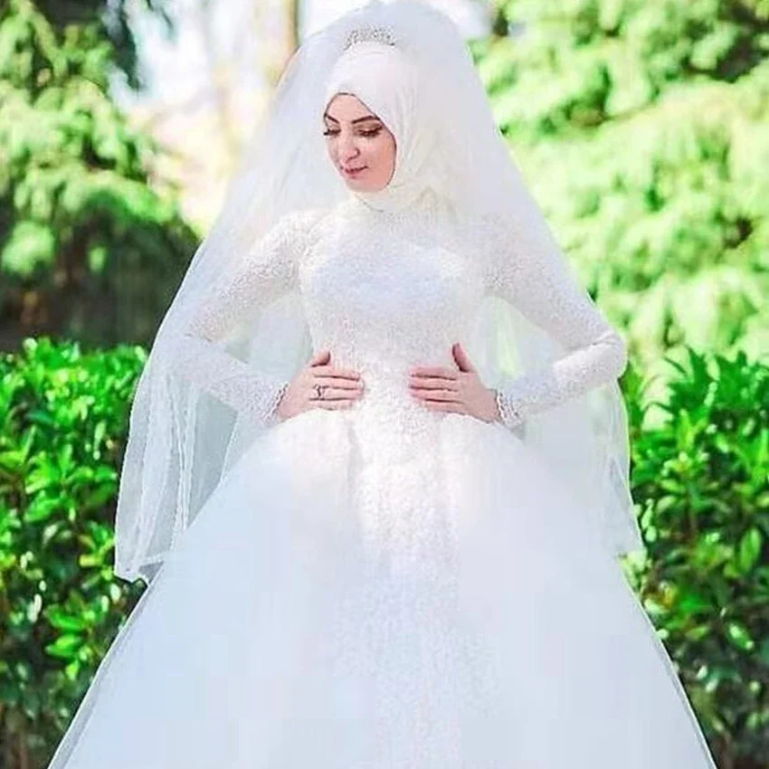 2024 Мусульманское свадебное платье в Хиджабе с длинным рукавом M01 Красочная Кружевная аппликация, Пышный шлейф, свадебное платье Настраиваемого цвета