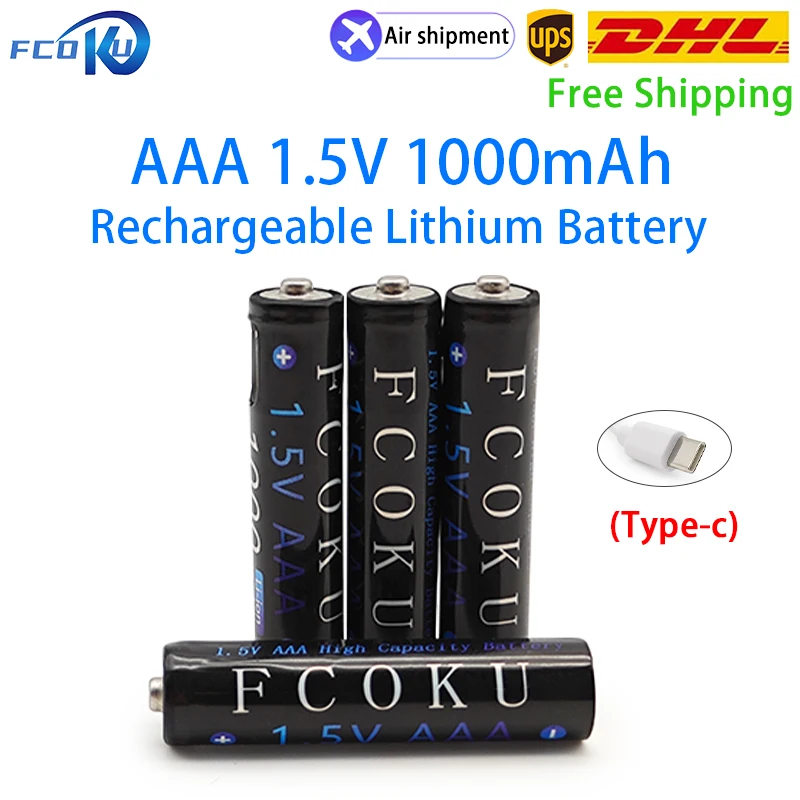AAA 1.5 V 1000mAh USB-Литий-ионный Аккумулятор С Кабелем Type-C Для Игрушечных Часов, Фонарика, Бритвы, Беспроводной Мыши, Пульта Дистанционного Управления