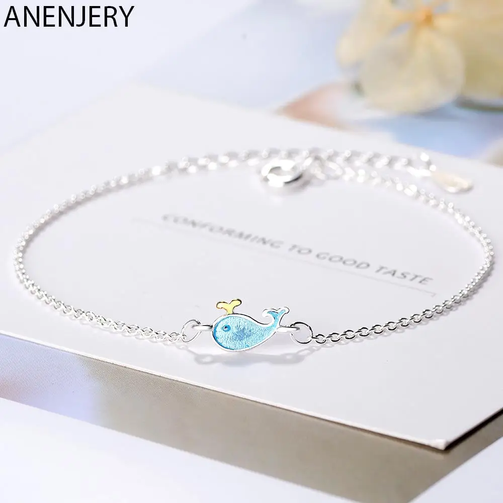 ANENJERY Браслеты серебристого цвета, Маленький Кит, ожерелье с голубым дельфином, животное для женщин, подарок для девочек, S-B207