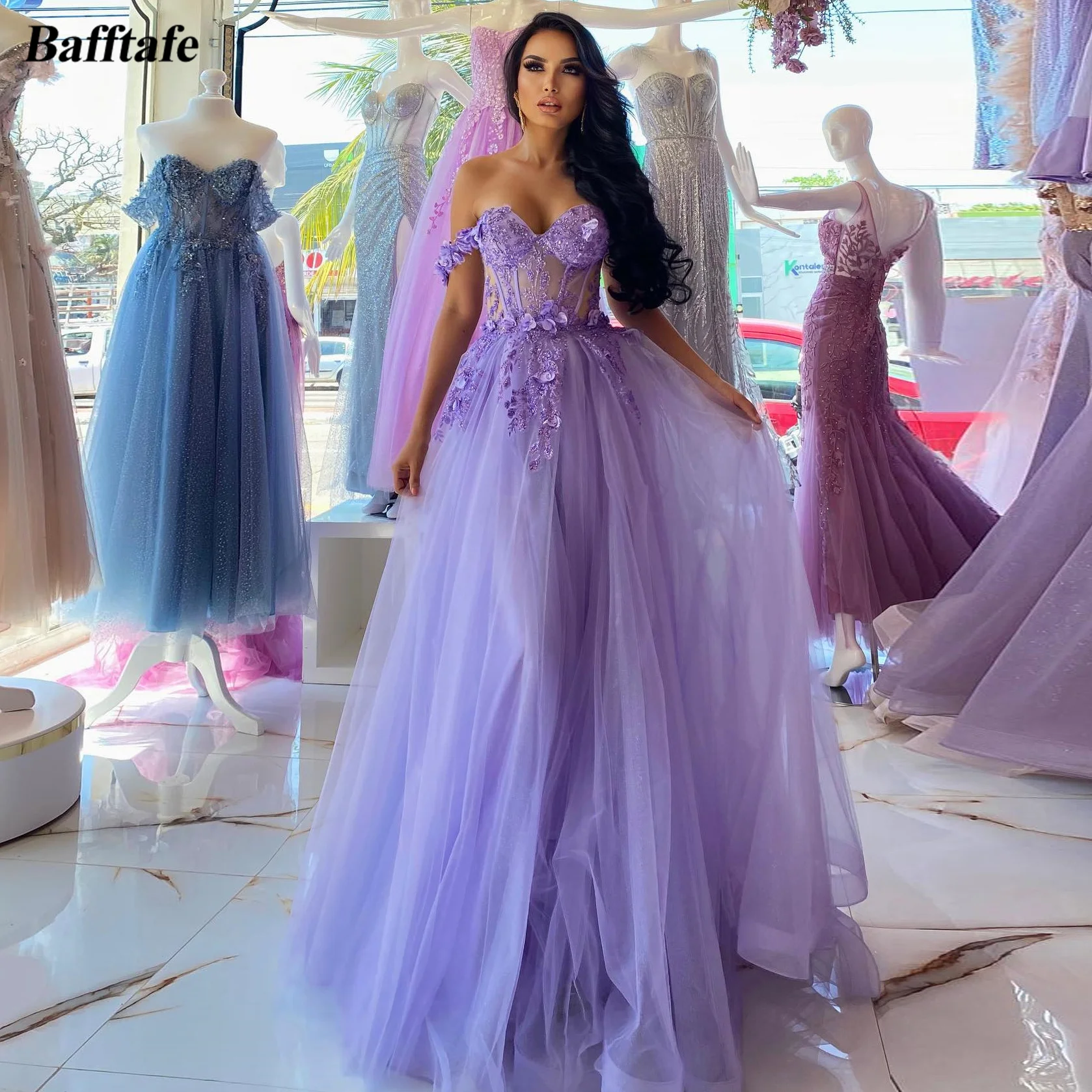 Bafftafe, светло-фиолетовые платья для выпускного вечера трапециевидной формы с открытыми плечами, аппликации, кружевное платье в цветочек, женское вечернее платье для вечеринки, платья для дня рождения