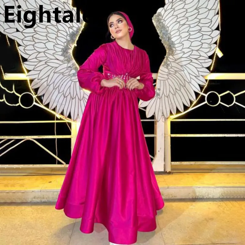 Eightale 2023 Индивидуальное атласное вечернее платье трапециевидной формы с круглым вырезом и длинным рукавом длиной до пола, расшитое бисером Платье для выпускного вечера в Дубае, вечернее платье для официальных вечеринок