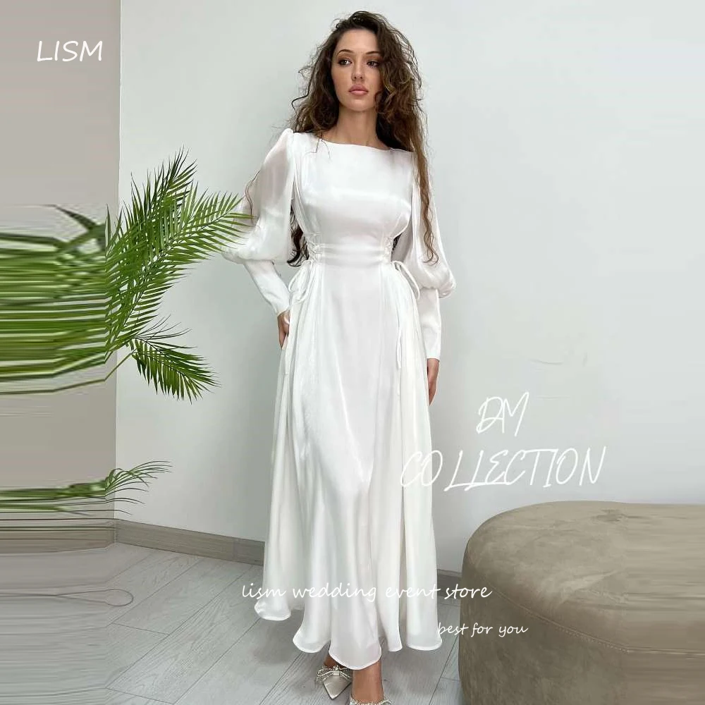 LISM Modest white farbic женские белые вечерние платья с пышными длинными рукавами и круглым вырезом длиной до щиколоток, вечерние платья для выпускного вечера