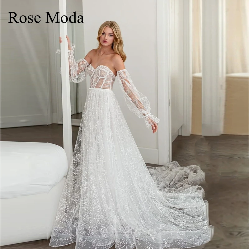 Rose Moda Со Съемными длинными рукавами, блестящие кружевные свадебные платья принцессы, Предназначение, свадебное платье на заказ