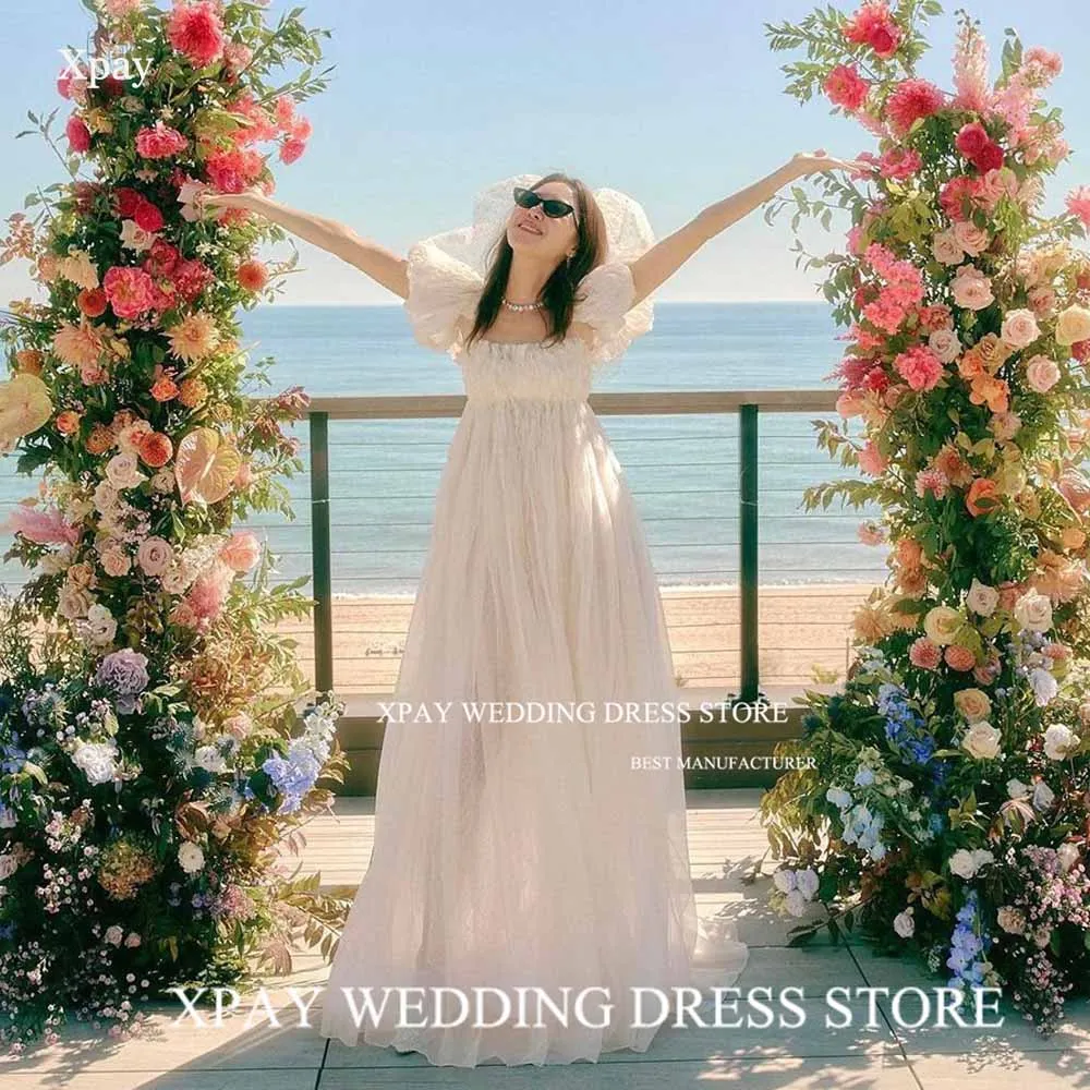 XPAY, Свадебные платья в стиле бохо с высокой талией, квадратный вырез, Короткие пышные рукава, Свадебное платье из тюля, Фотосессия, Пляжное платье невесты с открытой спиной.