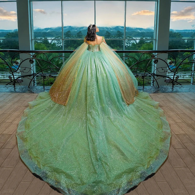 Блестящее Бальное платье цвета шалфея, Пышные платья С цветами-накидками, Аппликации, Кристаллы, Милое платье 16 Vestidos De 15 Años