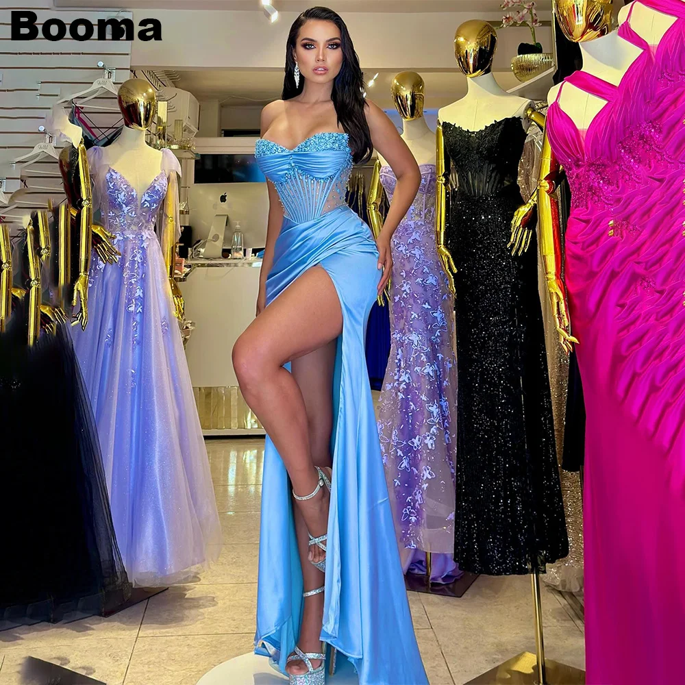 Вечерние платья Booma Sexy Blue Mermaid, платья для выпускного вечера в складку, расшитые бисером, для женщин, платья для официальных мероприятий с разрезом на ногах, с косточками