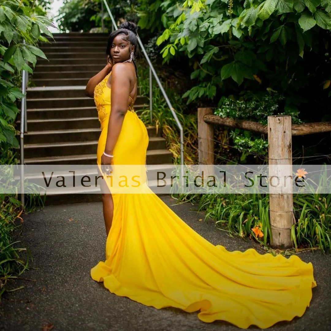Желтое платье выпускного вечера с аппликацией в виде русалки, расшитое бисером, сексуальное вечернее платье без рукавов с высоким разрезом, вечернее платье для вечеринок, Vestidos Para Mujer
