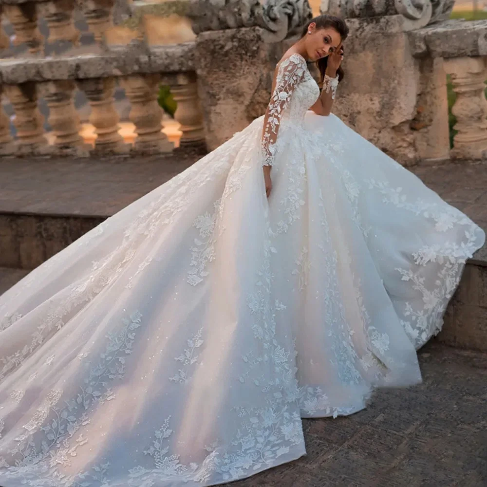 Классическое свадебное платье Vestidos De Novia Со шнуровкой и аппликациями, тюлевое свадебное платье А-силуэта с 3D цветочной иллюзией, V-образный вырез, длинные рукава, Бальное платье А-силуэта