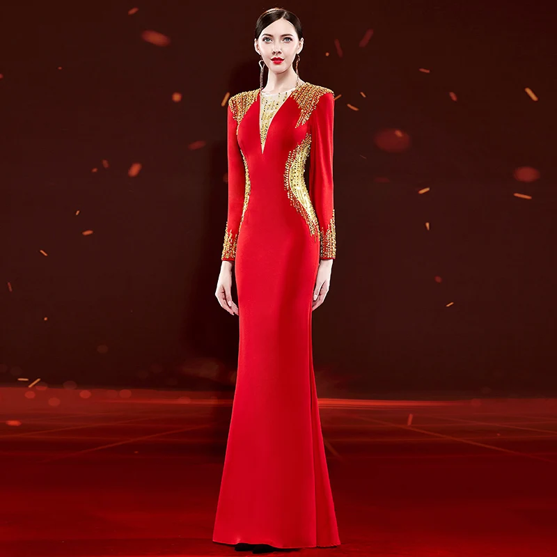 Красное вечернее платье с круглым вырезом, длинные рукава, бусины, длина до пола, модная русалка, молния сзади, большие размеры, женские вечерние платья для вечеринок A2531