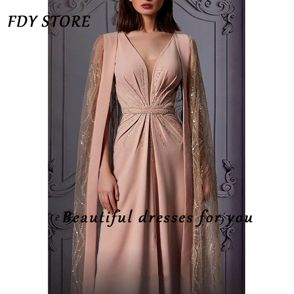 Магазин FDY Выпускной вечер с V-образным вырезом, вышивка пайетками, рюшами, шлейф трапециевидной формы, Вечернее элегантное платье для женщин
