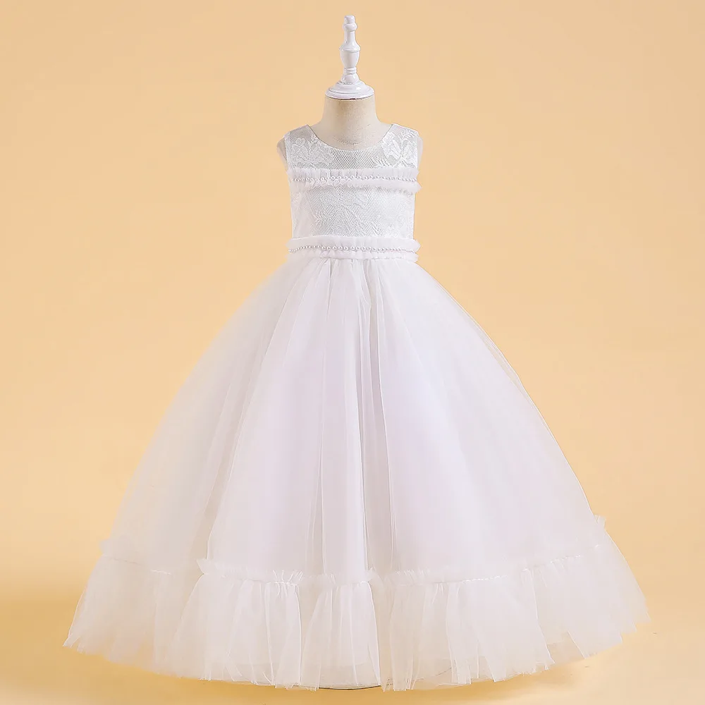 Модное платье с цветочным узором для девочек, Белое трапециевидное платье без рукавов с круглым вырезом для Первого причастия, Vestido