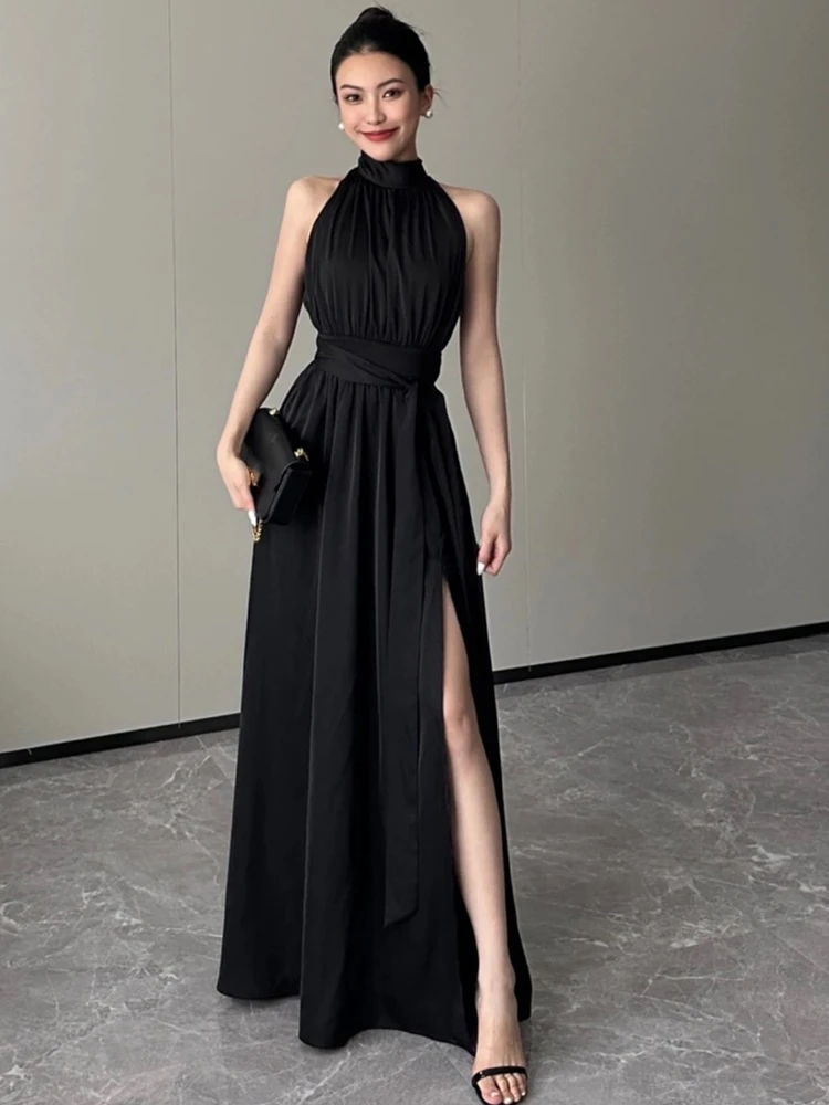 Новое элегантное Летнее Корейское Бело-черное платье Миди, женское Шифоновое платье без рукавов для вечеринок, Модная Офисная Женская одежда