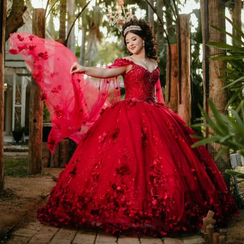 Переливающееся Красное Бальное Платье, Расшитое Блестками и 3D-Аппликацией, Пышные Платья На Шнуровке С Накидкой Vestidos De 15 Años Flowers Для Выпускного Вечера