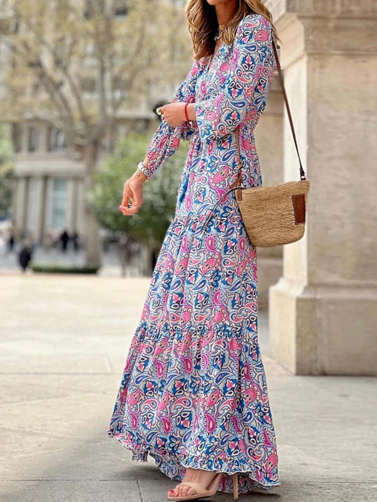 Платье Женское демисезонное повседневное с V-образным вырезом и цветочным принтом, платье с большим подолом, с длинным рукавом, свободное винтажное элегантное богемное пляжное платье Макси