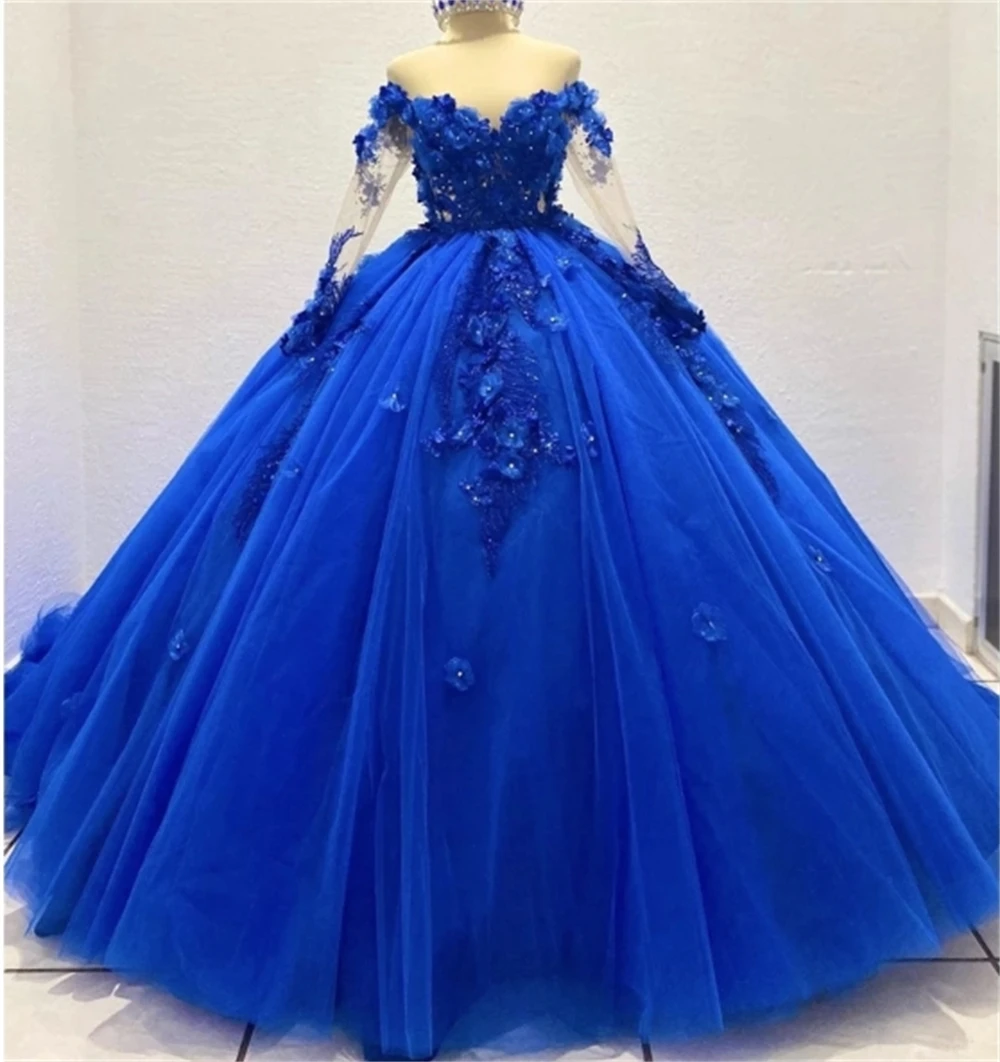 Реальные изображения Длинные Рукава Королевский Синий Тюль 3D Цветы Кружевные Аппликации Бальное Платье Придворный Шлейф На Заказ vestidos de 15 quinceañera