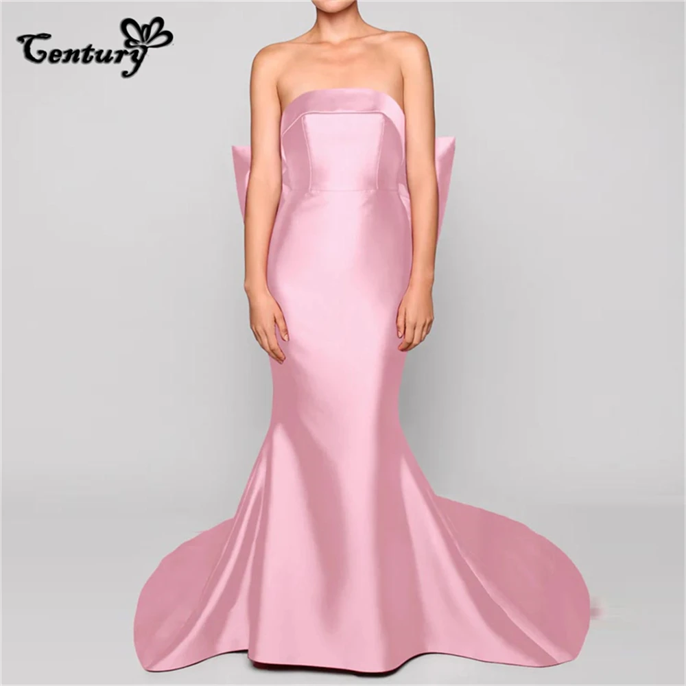 Розовое платье для выпускного вечера, длинное платье 2023 года с большим бантом, без бретелек, со шлейфом, атласная вечерняя одежда в виде русалки, вечерние платья Robe De Soiree