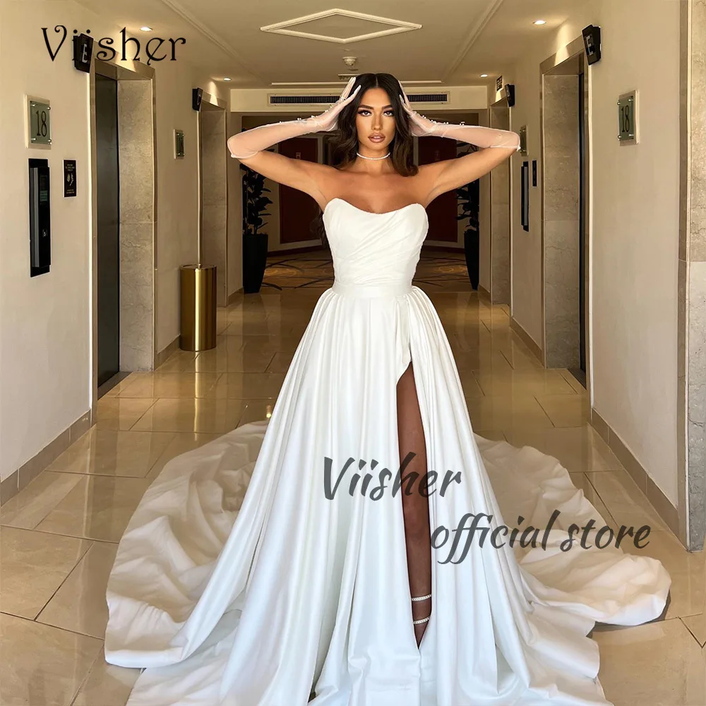Свадебные платья Viisher из белого атласа трапециевидной формы для невесты, сексуальные пляжные платья с разрезом по ноге, милые свадебные платья со шлейфом, длинное свадебное платье