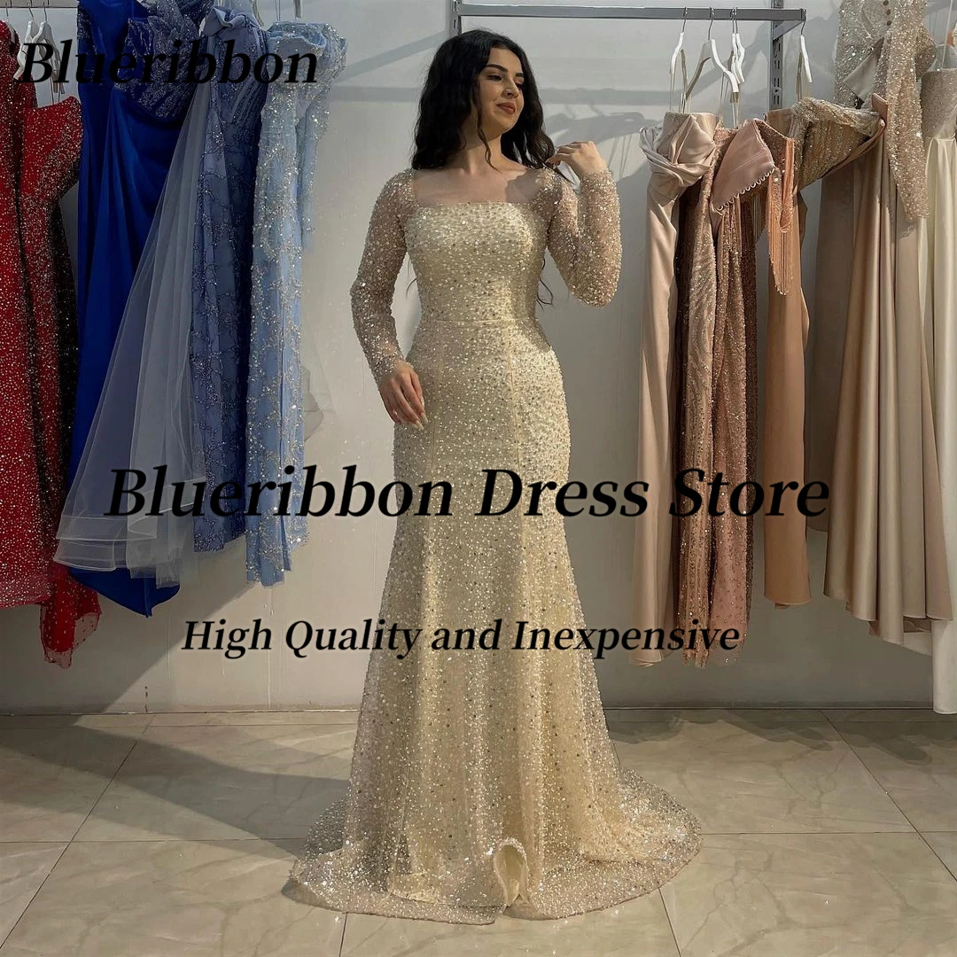 Синие, с блестящими пайетками платья Русалочки для выпускного вечера 2024 года, вечерние платья с квадратным вырезом и длинными рукавами, вечернее платье в Дубае на молнии сзади